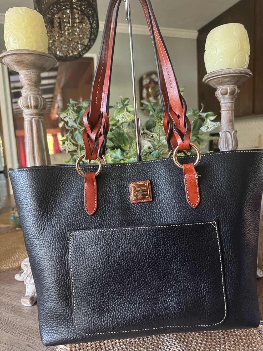 Dooney & Bourke Black Leather Tote with Brown Trim